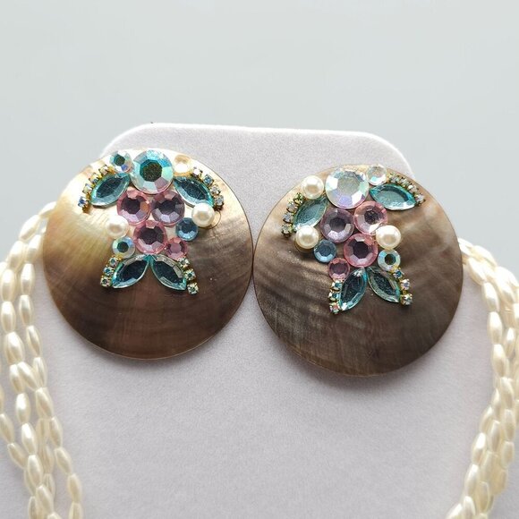 Vintage MOP Abalone Pearl Necklace Clip-On Earrings Set With Rhinestone Accents - Picture 4 of 9